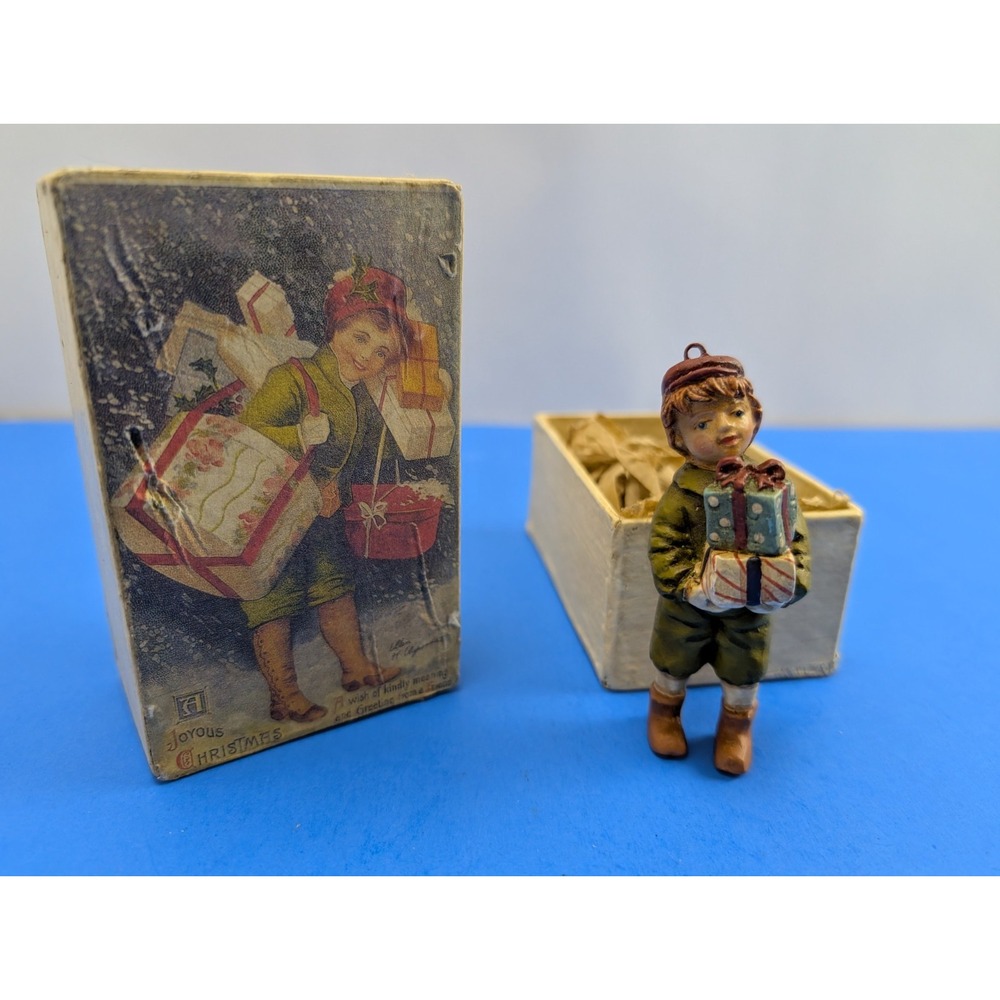 Vintage Ellen Clapsaddle Christmas Ornament in Paper Mache Box Joyous Christmas